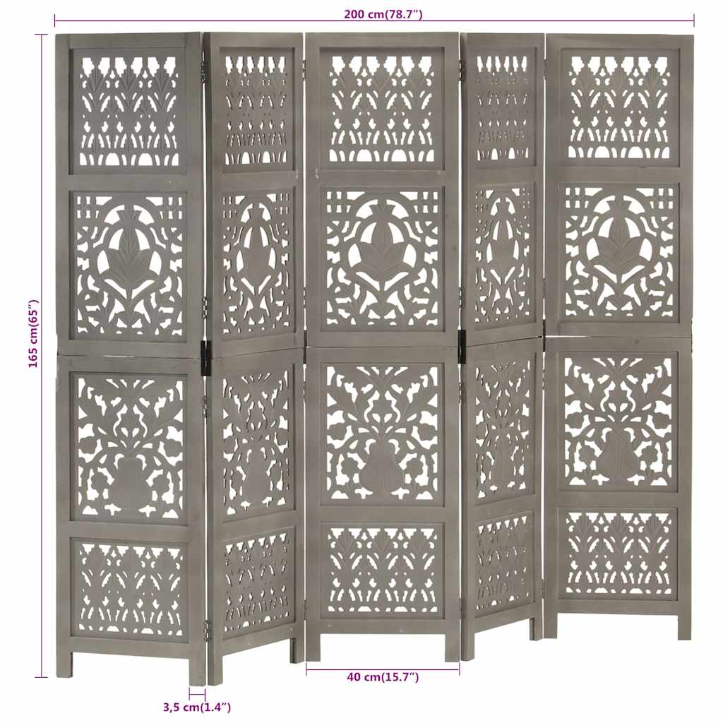 vidaXL Hand Carved 5-Panel Room Divider Grey 200x165 cm 6