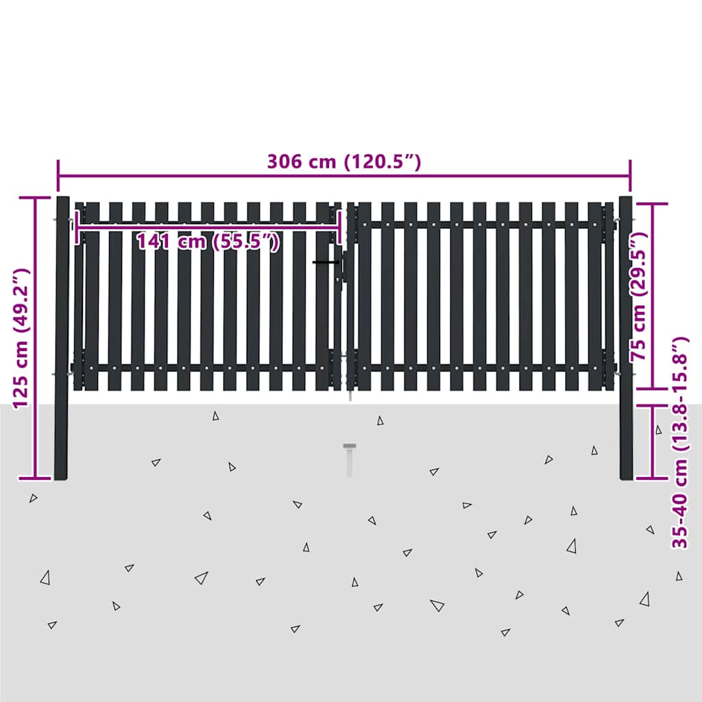 vidaXL Double Door Fence Gate Steel 300x75 cm Anthracite 6
