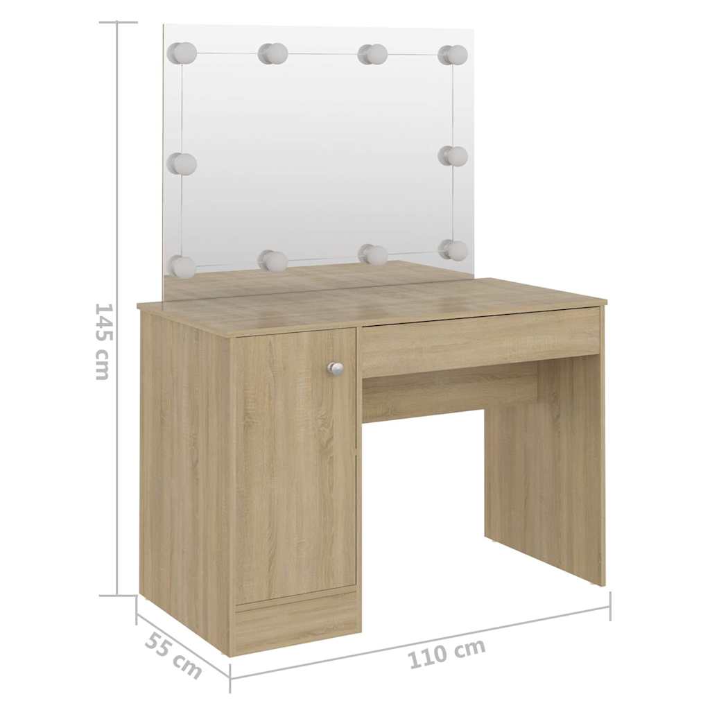 331553 vidaXL Makeup Table with LED Lights 110x55x145 cm MDF Oak 6
