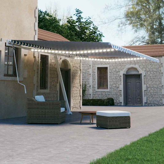 Manual Awning with Solar LED 4.5 x 3 m Drop 300 cm Blue and white