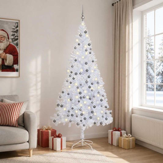 Artificial Pre-lit Christmas Tree Ball Set 910 Branches 210 cm White with 300 LEDs&white/grey balls