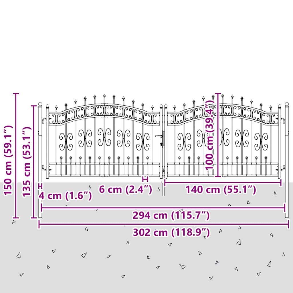vidaXL Fence Gate "KAMPEN" with Spear Top Black 302x100 cm Steel 6