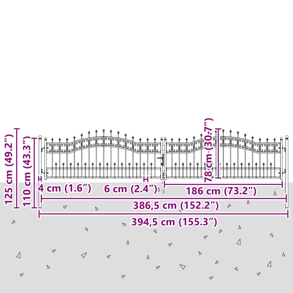 vidaXL Fence Gate "KAMPEN" with Spear Top Black 394,5x78 cm Steel 6