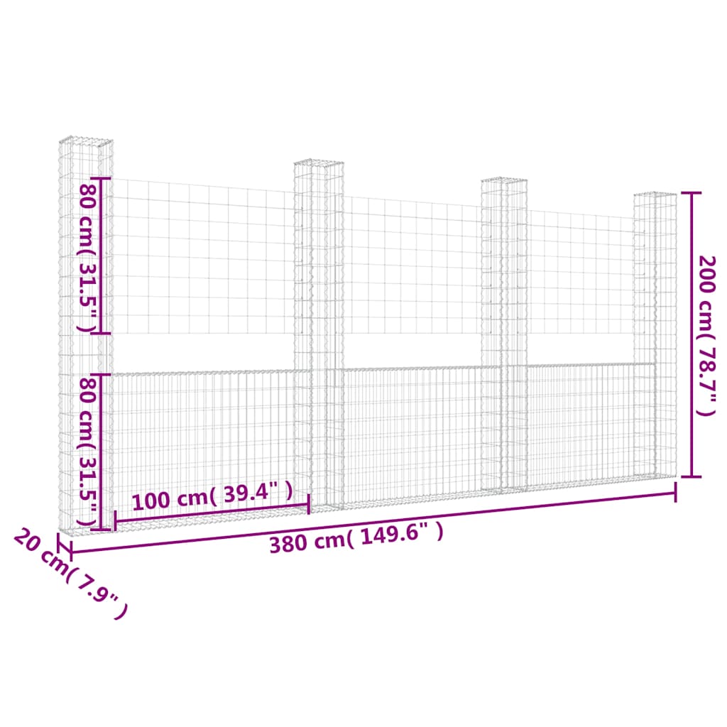 vidaXL U-shape Gabion Basket with 4 Posts Iron 380x20x200 cm 6