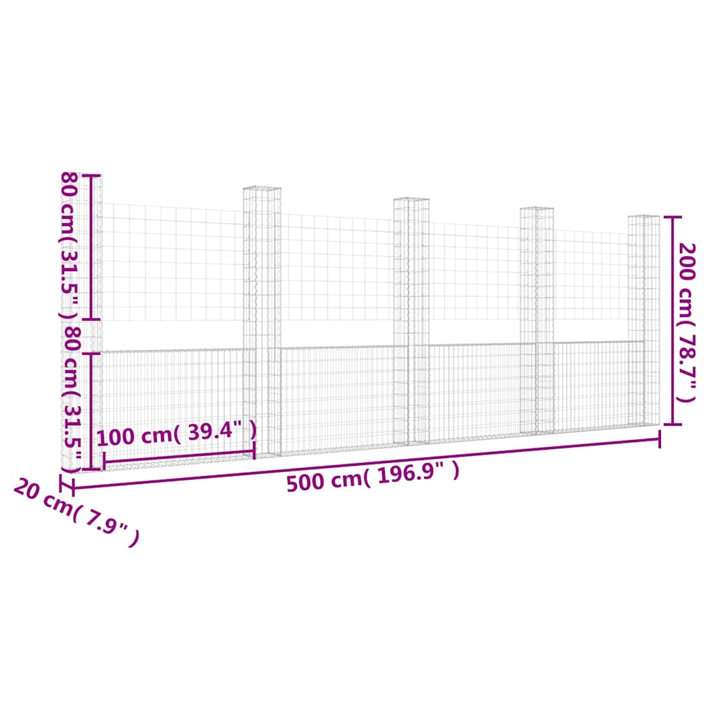 vidaXL U-shape Gabion Basket with 5 Posts Iron 500x20x200 cm 6