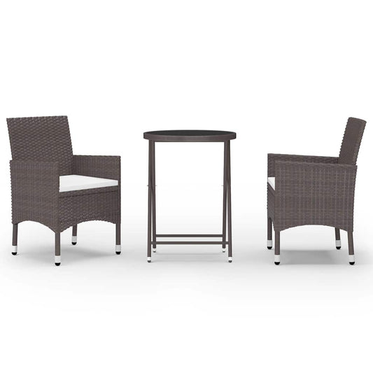 vidaXL 3 Piece Garden Bistro Set Poly Rattan and Tempered Glass Brown 2