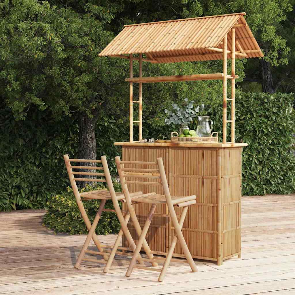 Outdoor Bar Table and Stools 3 pcs 2-Seaters Natural Bamboo Bar table with 2 roof + 2x bar chair