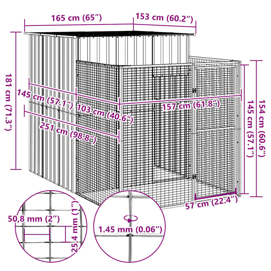 vidaXL Dog House with Run Anthracite 165x251x181 cm Galvanised Steel 5