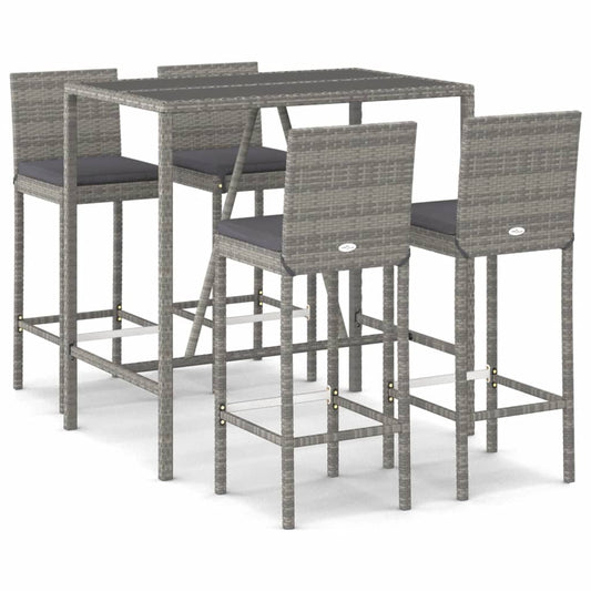 vidaXL 5 Piece Garden Bar Set with Cushions Grey Poly Rattan 2