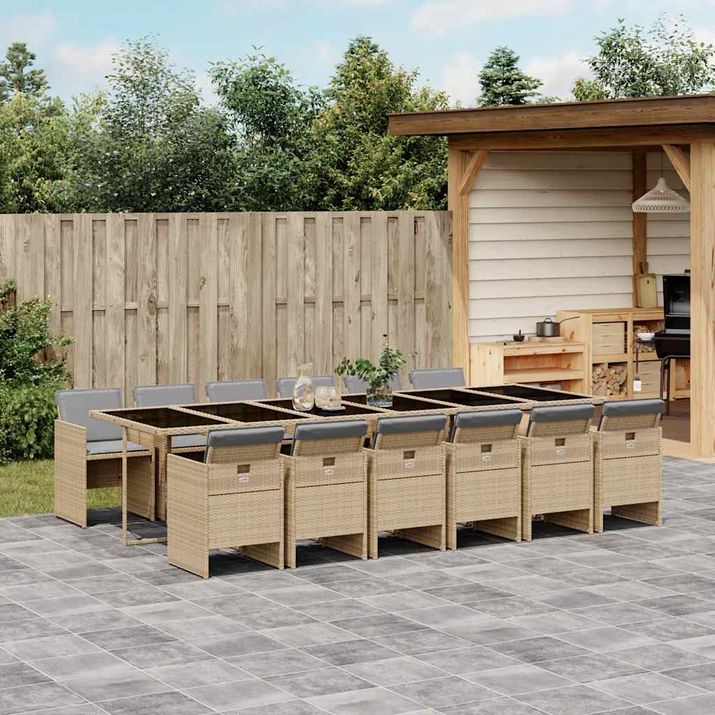 13 Piece Garden Dining Set with Cushions Poly Rattan Glass 12 pcs Mix beige