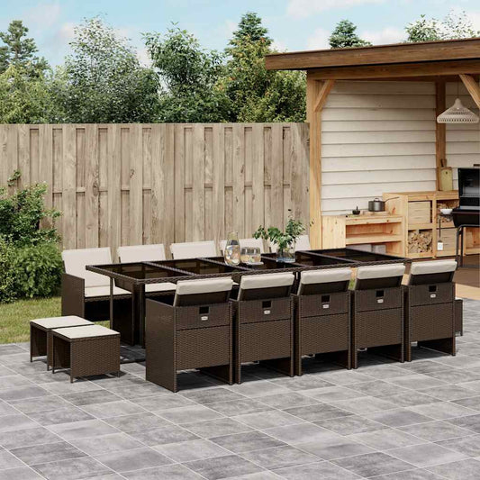 15 Piece Garden Dining Set with Cushions Poly Rattan Glass 14 pcs Brown
