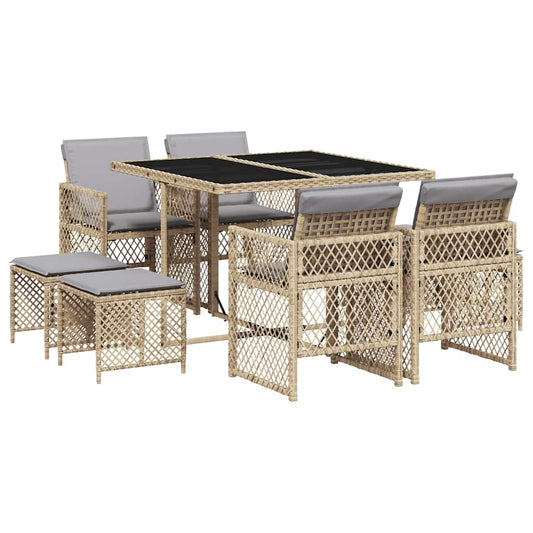 9 Piece Garden Dining Set with Cushions Poly Rattan Glass 8 Beige and grey