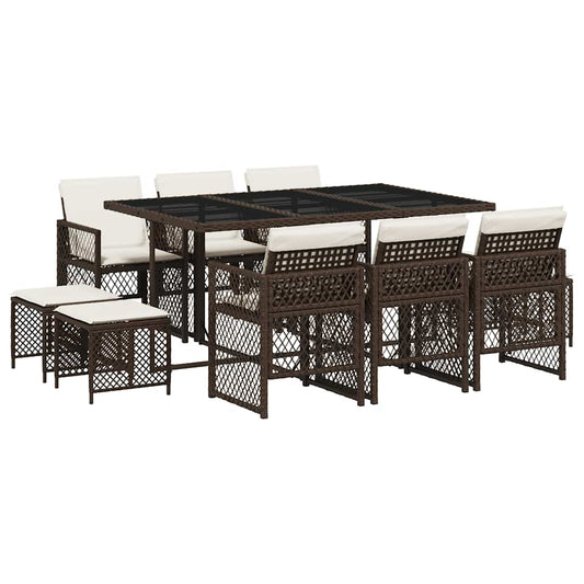 11 Piece Garden Dining Set with Cushions Poly Rattan Glass 10 Brown and cream