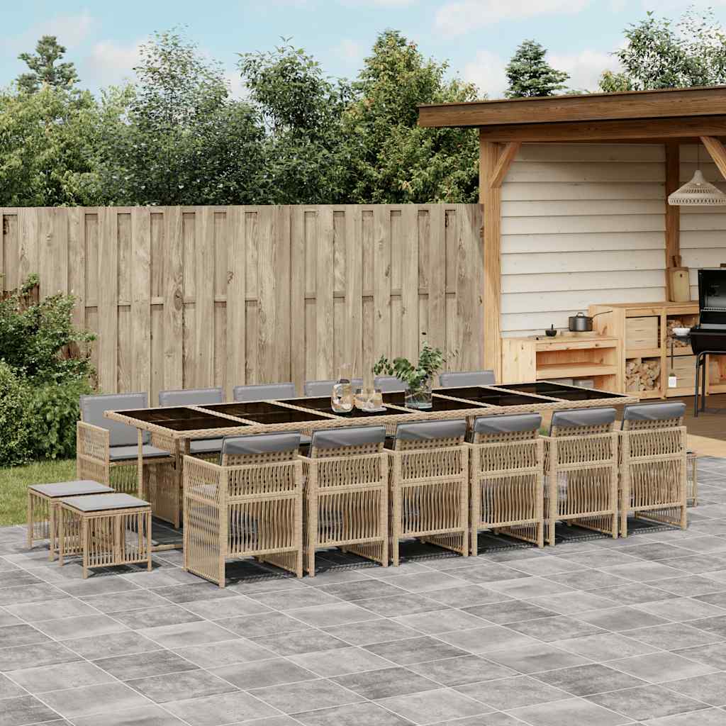 17 Piece Garden Dining Set with Cushions Poly Rattan Glass 16 pcs Mix beige