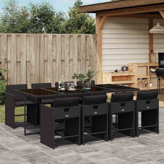 9 Piece Garden Dining Set with Cushions Poly Rattan Glass 8 pcs Black