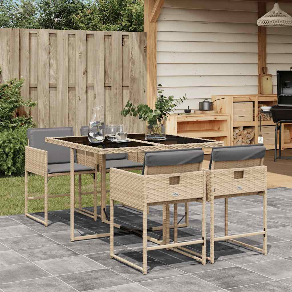 5 Piece Garden Dining Set with Cushions Poly Rattan Glass 4 pcs Mix beige