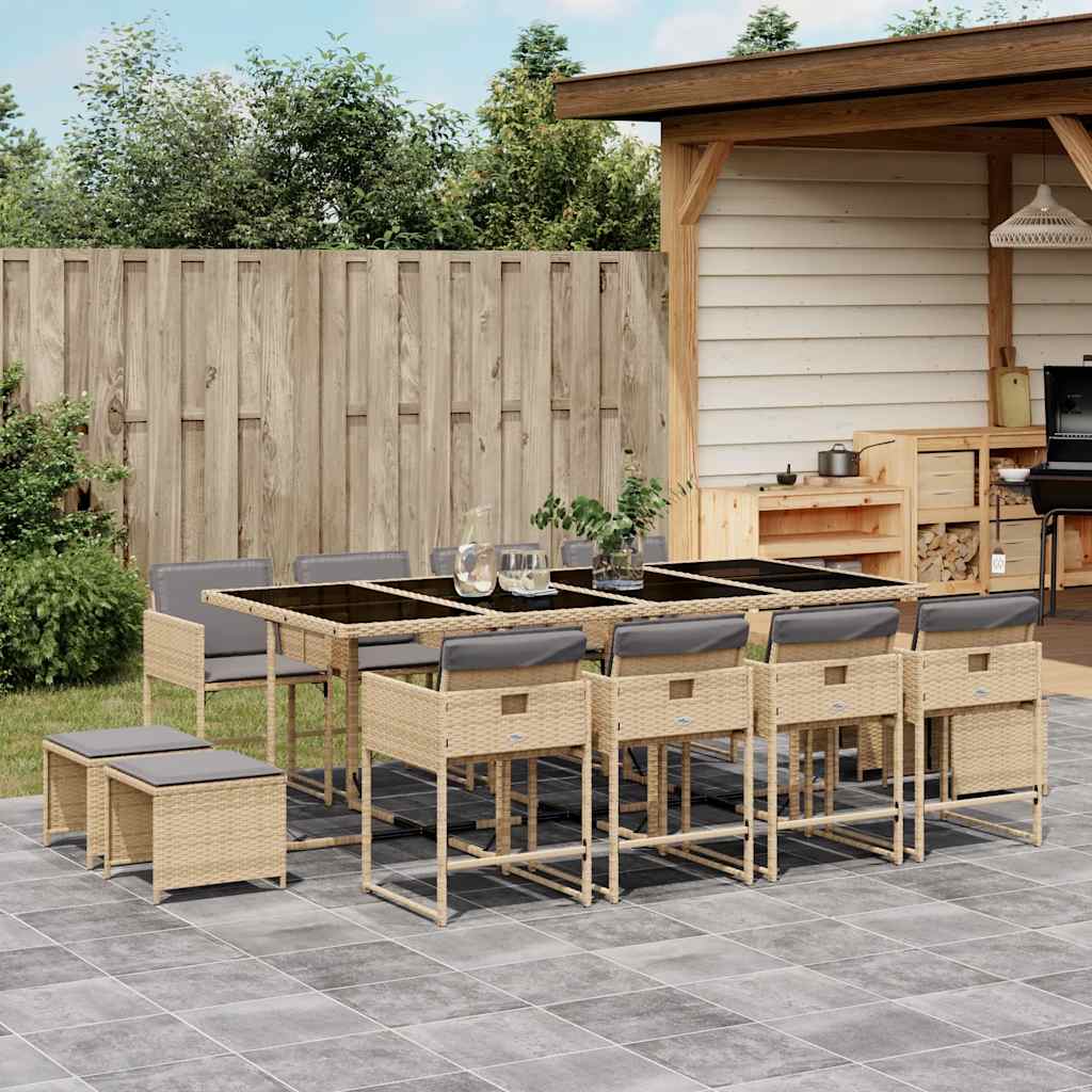 13 Piece Garden Dining Set with Cushions Poly Rattan Glass 12 pcs Mix beige