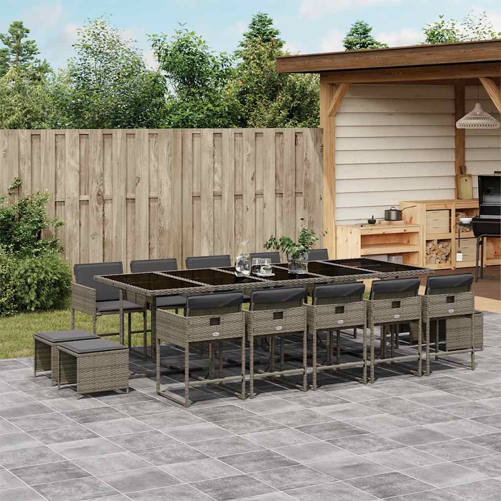 15 Piece Garden Dining Set with Cushions Poly Rattan Glass 14 pcs Grey