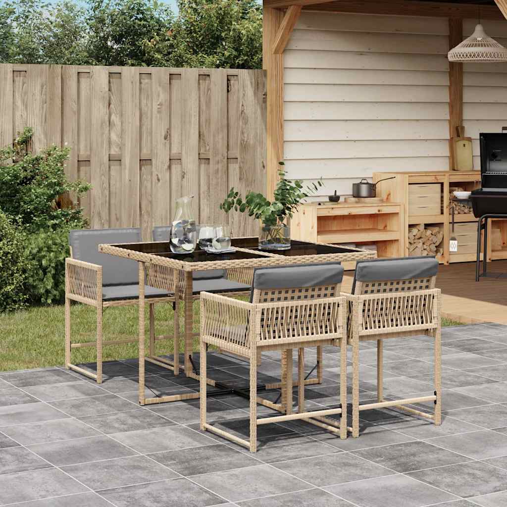 5 Piece Garden Dining Set with Cushions Poly Rattan Glass 4 pcs Mix beige