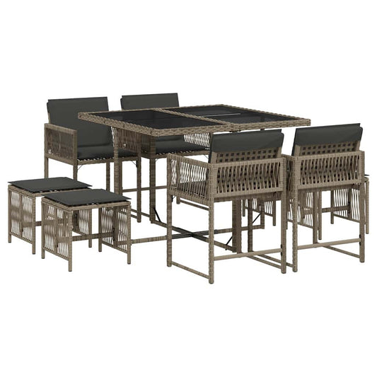 vidaXL 9 Piece Garden Dining Set with Cushions Grey Poly Rattan 2