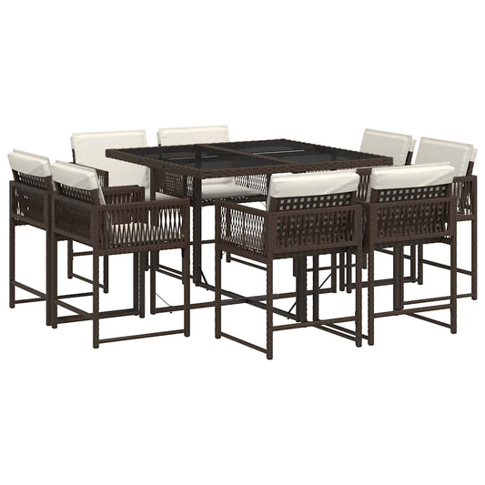 9 Piece Garden Dining Set with Cushions Poly Rattan Glass 8 Brown
