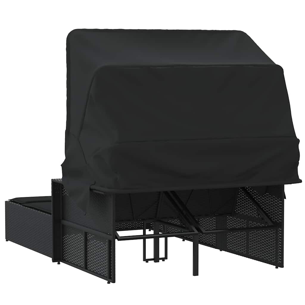 vidaXL Double Sun Lounger with Canopy and Cushions Black Poly Rattan 6