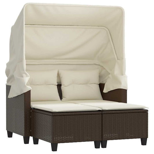 vidaXL Garden Sofa 2-Seater with Canopy and Stools Brown Poly Rattan 2