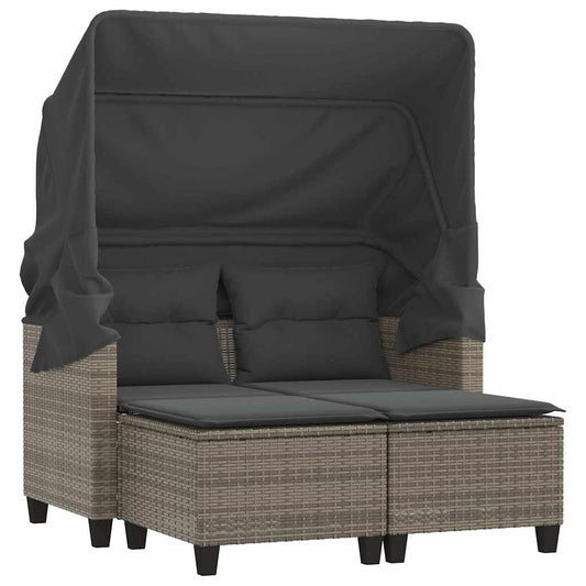 vidaXL Garden Sofa 2-Seater with Canopy and Stools Grey Poly Rattan 2