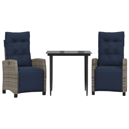 vidaXL 3 Piece Garden Dining Set with Cushions Grey Poly Rattan 2