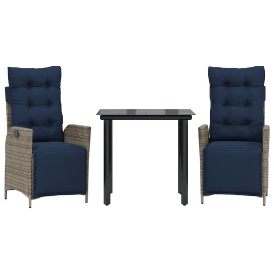 vidaXL 3 Piece Garden Dining Set with Cushions Grey Poly Rattan 2