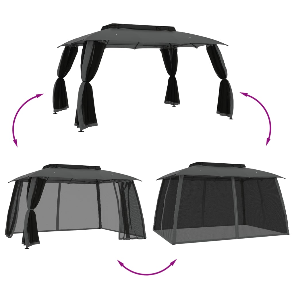 vidaXL Gazebo with Double Roof&Mesh Walls Anthracite 3.93x2.93 m Steel 6