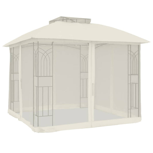 Gazebo with Double Roof and Mesh Walls 2.94x2.94 m Steel Cream