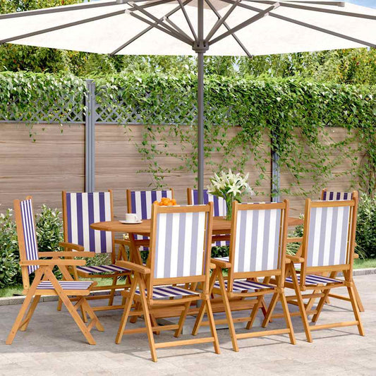 Reclining Folding Chairs Fabric and Solid Wood 8 pcs Blue and white