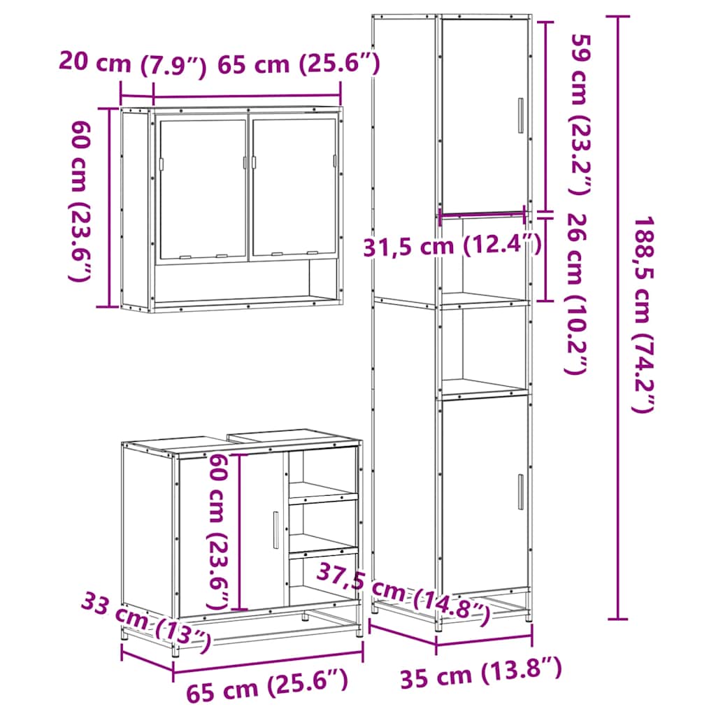 vidaXL 3 Piece Bathroom Furniture Set Sonoma Oak Engineered Wood 6