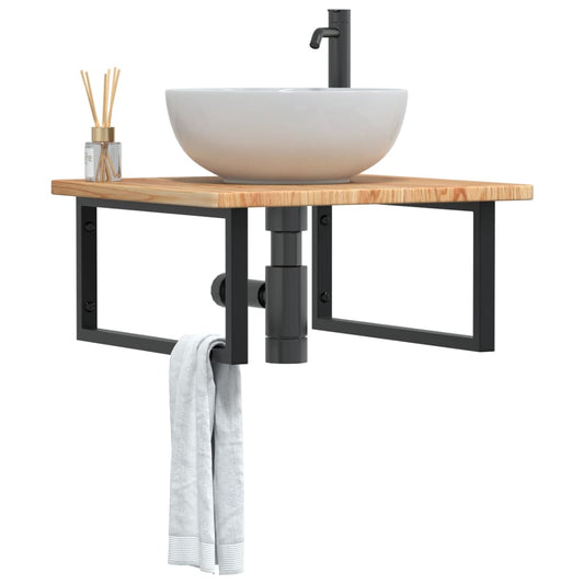 Basin Shelf Wall Mounted Steel and Solid Wood Oak Rectangular Width 60 cm Light brown and black