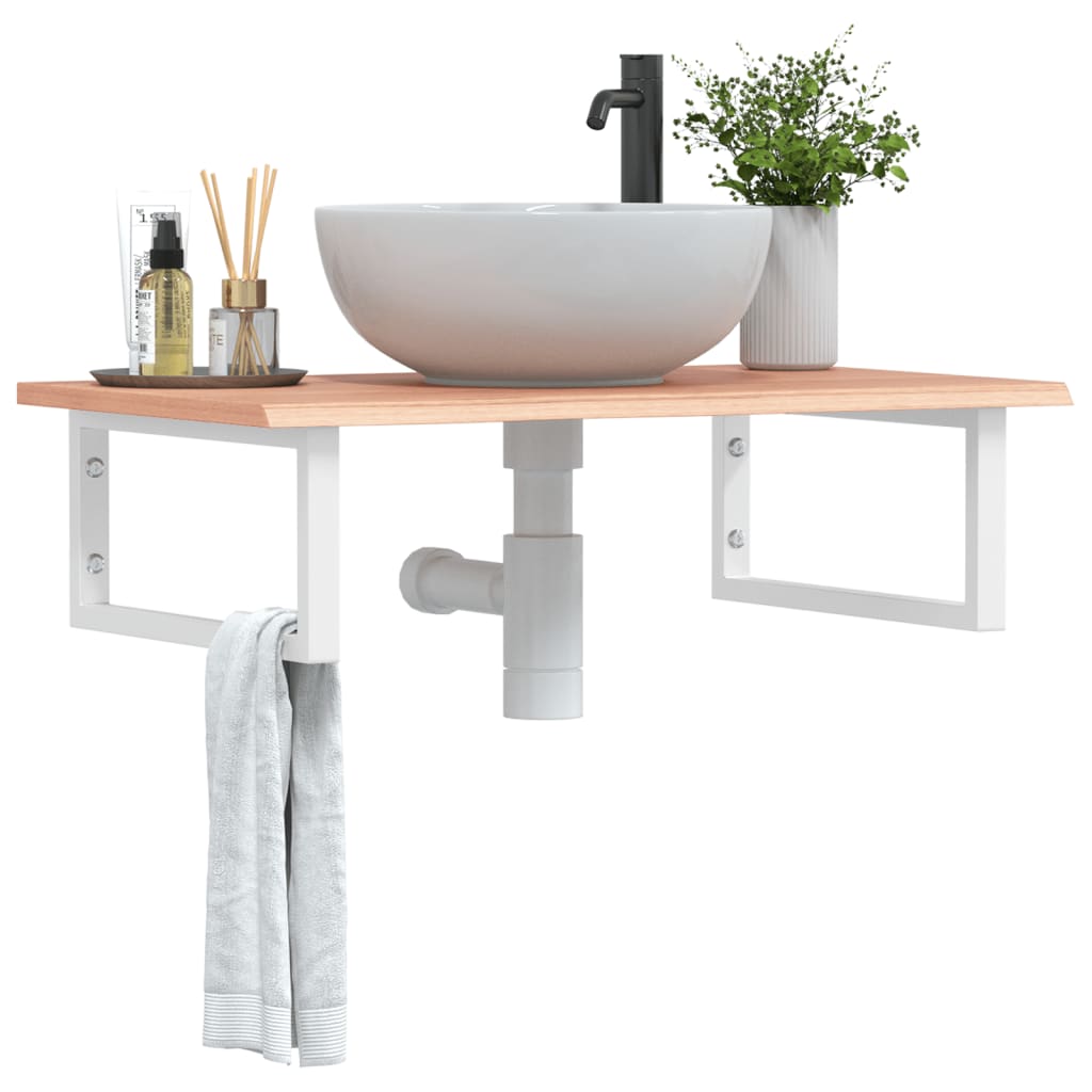 Basin Shelf Wall Mounted Steel and Solid Wood Oak Rectangular Depth 50 cm Width 80 cm Light brown and white