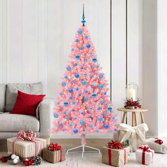 Artificial Pre-lit Christmas Tree PVC 180 cm Pink with 120 blue balls