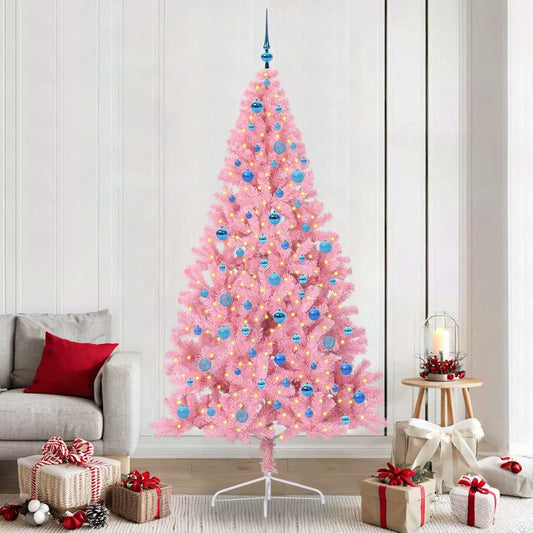 Artificial Pre-lit Christmas Tree PVC 240 cm Pink with 120 blue balls