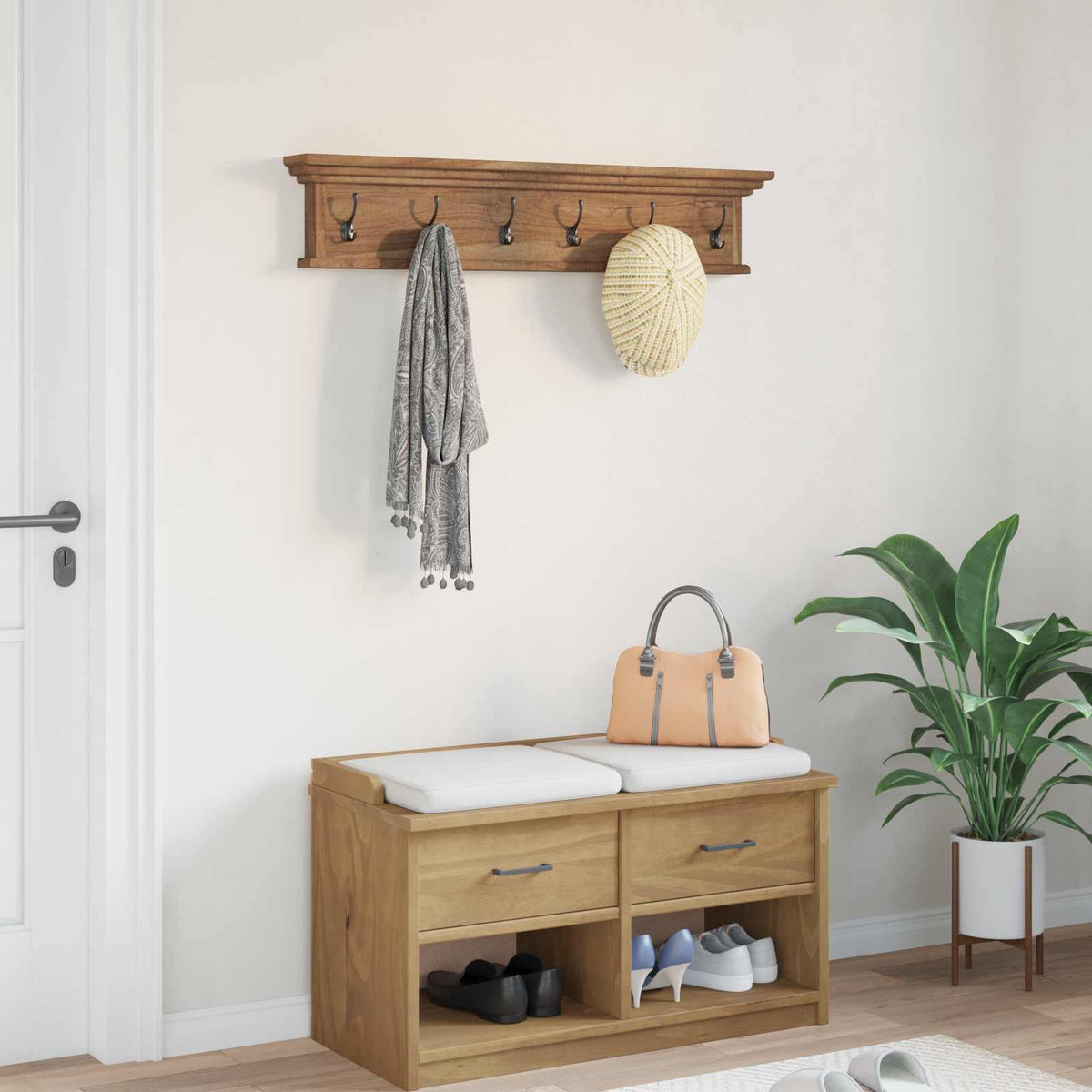 vidaXL Wall Mounted Coat Rack 100 x 10 x 20 cm Natural Solid Teak Wood 4