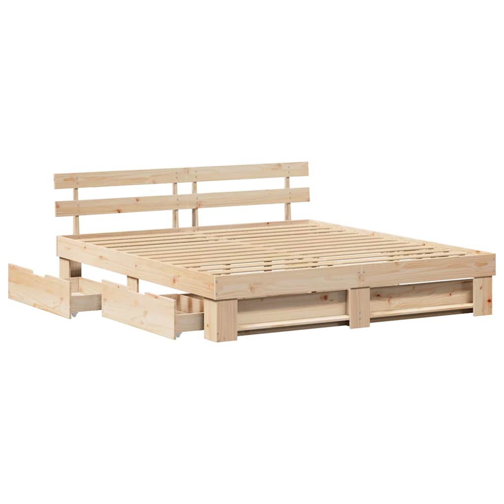 vidaXL Bed Frame with Drawer Brown 200 x 200 cm Solid Pine Wood 6