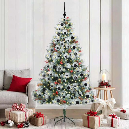 Artificial Christmas Tree Green and white 210 cm with LEDs&black balls