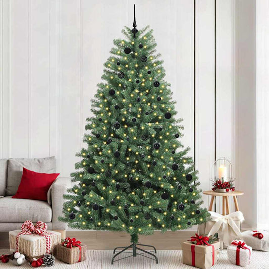Artificial Hinged Christmas Tree PVC and Metal Green 240 cm with LEDs &black balls