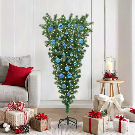 Upside-down Artificial Pre-lit Christmas Tree with Ball Set PVC Width 150 cm with 61 blue balls
