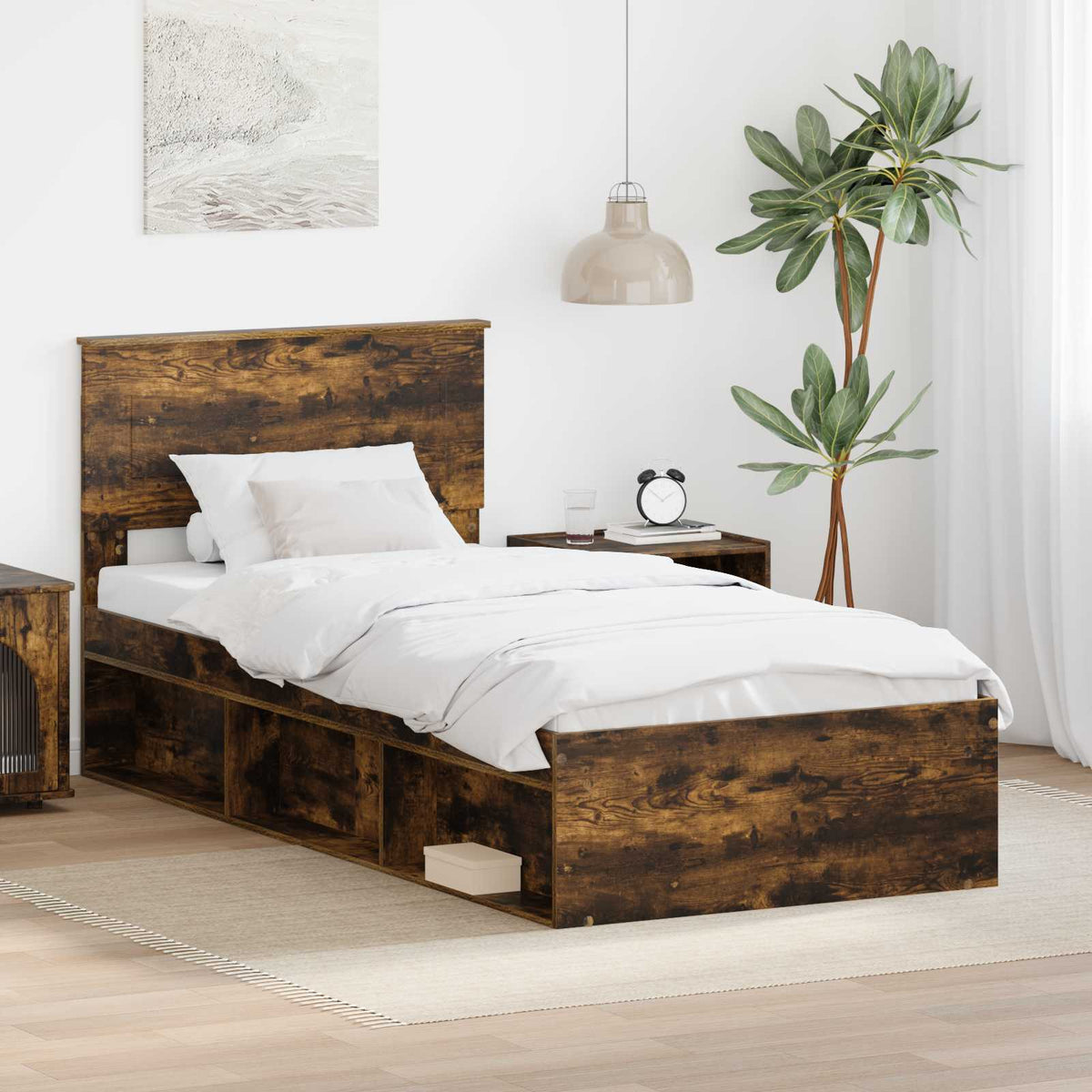 Bed Frame with Headboard 90 x 200 cm Engineered wood Smoked oak