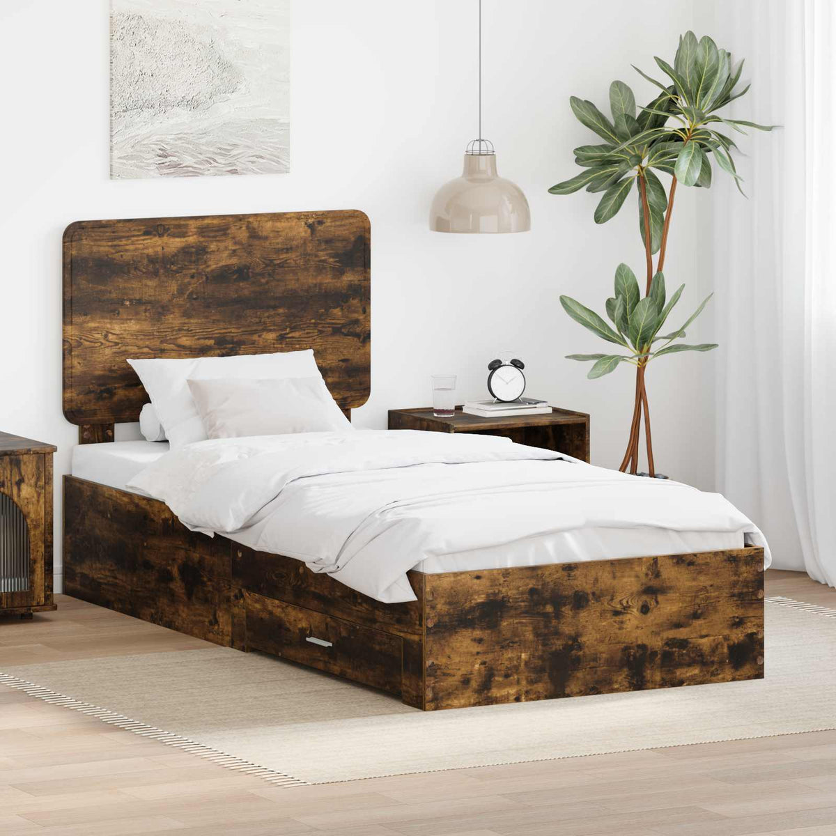 vidaXL Bed Frame with Drawer Engineered Wood Length 200 cm Smoked oak