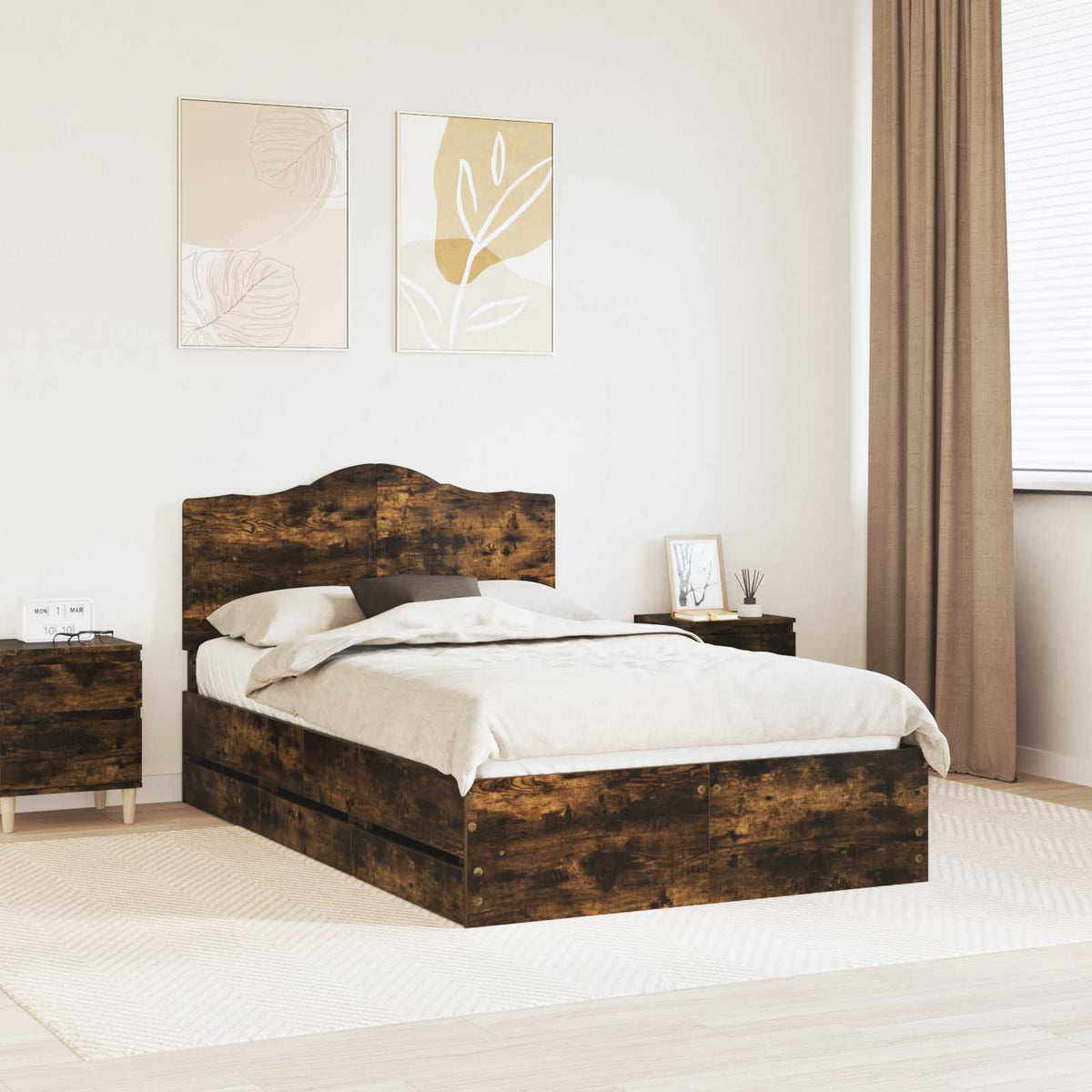 Bed Frame with Drawer 135 x 190 cm Engineer Wood Smoked oak
