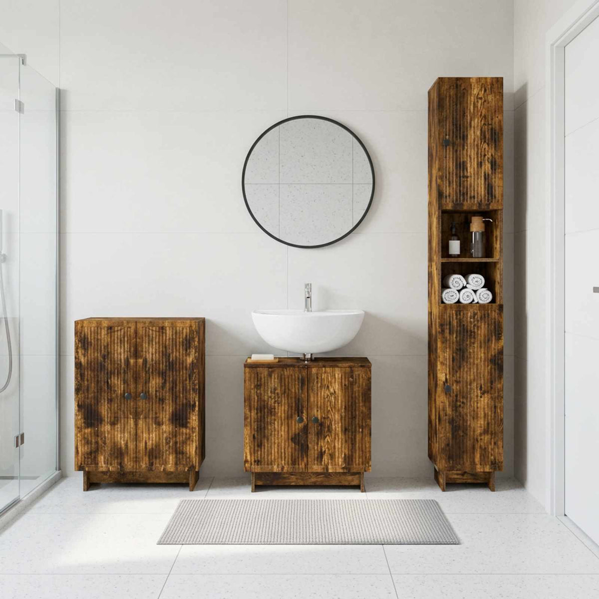 3 Piece Bathroom Cabinet Set EDE Engineered Wood Smoked Oak Vertical stripes