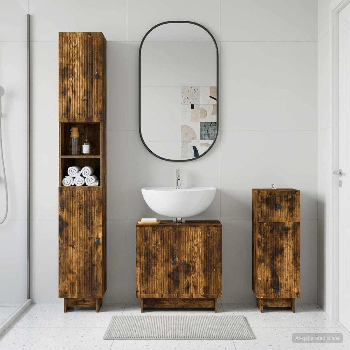 3 Piece Bathroom Cabinet Set EDE Engineered Wood Smoked Oak Vertical stripes