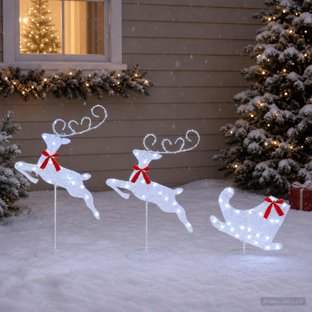 Christmas Reindeer with Sleigh 3 pcs 72 LEDs Warm White White fabric