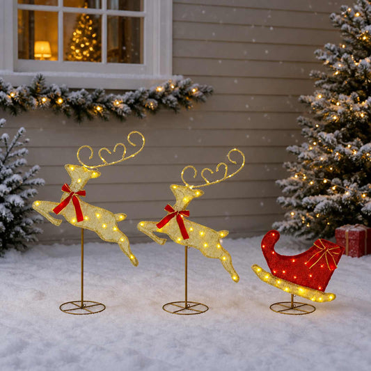 Christmas Reindeer with Sleigh 3 pcs 72 LEDs Warm White Gold fabric